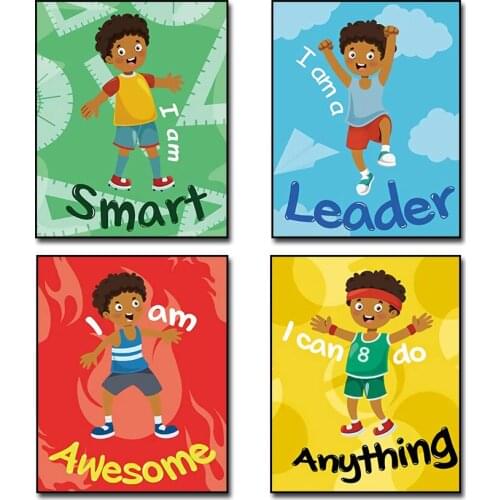Black Boy English Inspirational Posters Cartoon Kindergarten Canvas Painting Prints Kawaii Wall Decor for Kids Bedroom Classroom