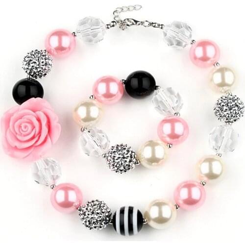 Girls Lovely Pink Flower Chunky Beads Strand Necklace Bracelet Set Kids Fancy Dress Ourfits Jewelry Set Baby Birthday Party Gift