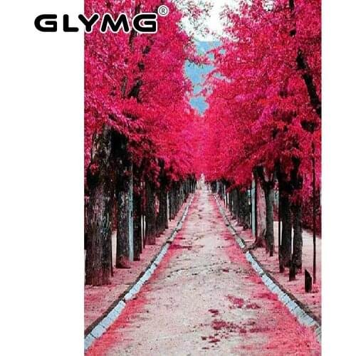 GLymg Diy Diamond Embroidery Red Leaves Road Landscape Square Diamond Drill Beautiful Romantic European Home Mosaic Decor