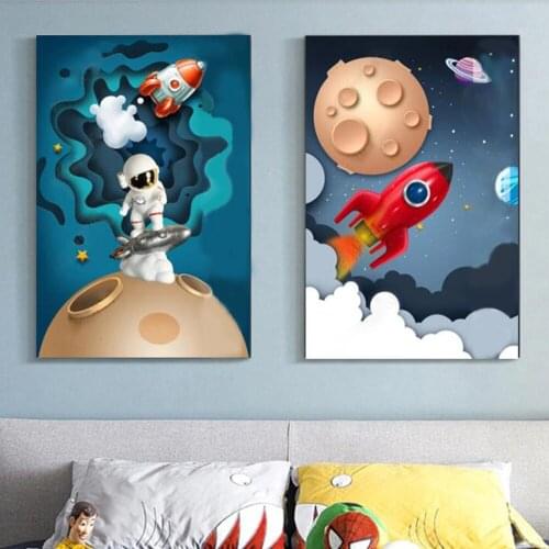 Baby Kid Bedroom Art Decor Gold Star Night Stars Spaceman Canvas Painting Space Moon Black Print Poster Gold Childrens Day Gift