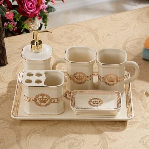 Ceramic Bathroom Accessories Set Soap Dispensers/Dishes Toothbrush Holder & Cups With Tray Lavatory 5-6 Pieces Wedding Gifts