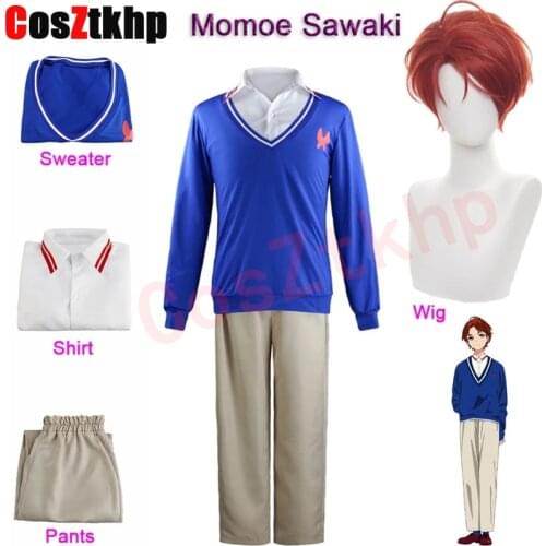 Japanese Anime Cosplay Costume WONDER EGG PRIORITY Sawaki Momoe Uniform Women Men Suit Campus Style Blue Knitted Top Pants Wig