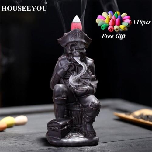 Skull Men Pirate Ceramic Backflow Incense Burner +10Pcs Cones Incense Creative Home Buddhist Tea Living Room Decor Aroma Censer