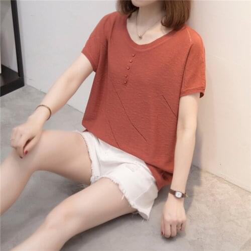 Room 199893, bearing on column 2 】 make pure color round collar hollow out button 30 short sleeve T-shirt