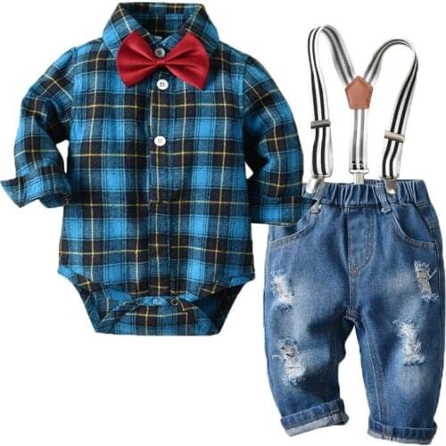 Autumn Baby Boys Clothing Sets Checkered Shirt Jeans Overalls Kids Outfits Fashion Children Clothes Suits Gentleman Boy Uniform
