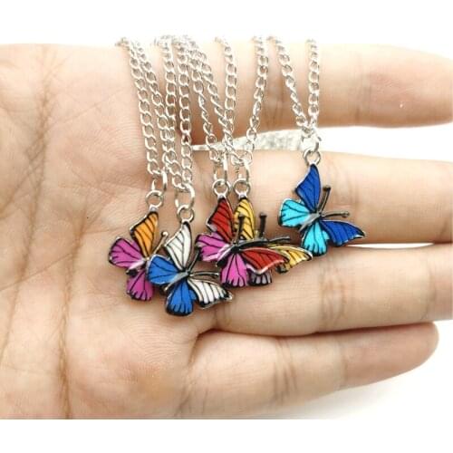Korean Blue Gradient Butterfly Necklace for Women Girls Silver Color Rainbow Butterflies Pendant Choker Necklaces Jewelry Gift