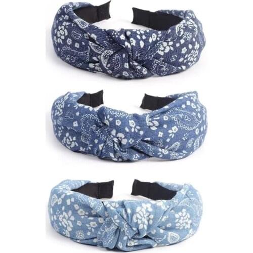 Bohemian Denim Center Knot Hairband Blue Cross Knotted Headband Hair Accessories