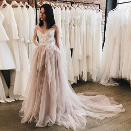 Simple A-line Boho Wedding Dress With Long Sleeves Illusion Bodice Covered Buttons Robe De Mariee Chapel Train Bridal Dress