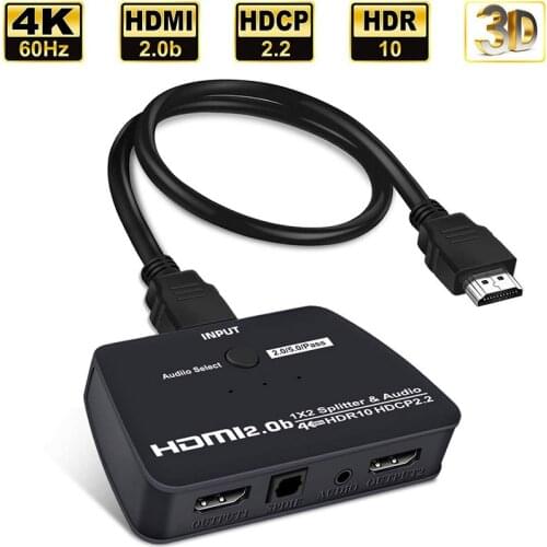 HDMI 2.0 Splitter 4k60hz HDMI Switcher 2 in 1 out HDMI Splitter 1x2/2x1 Adapter out Converter with 3.5 audio output, optical out