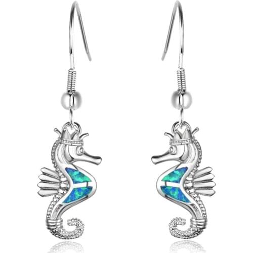 925 Sterling Silver Seahorse Animal Opal Drop Earrings Jewelry Women Gifts