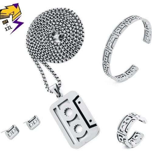 Vintage Nostalgia Stainless Steel Jewelry Sets Women Punk Bangle Biker Rings Silver Stud Earrings Long Chain Necklaces for Male