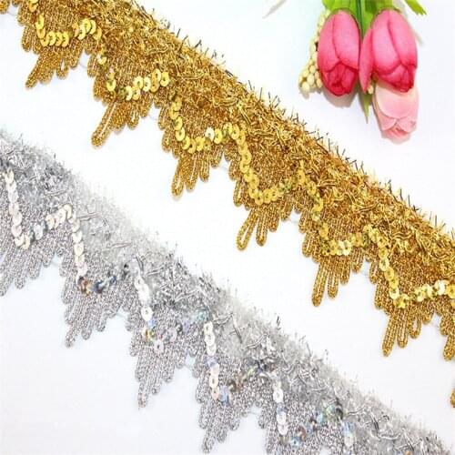 High quality 2meter crown gold and silver sequined lace ribbon wide 4cm DIY clothing stage accessories wedding dress lace trims