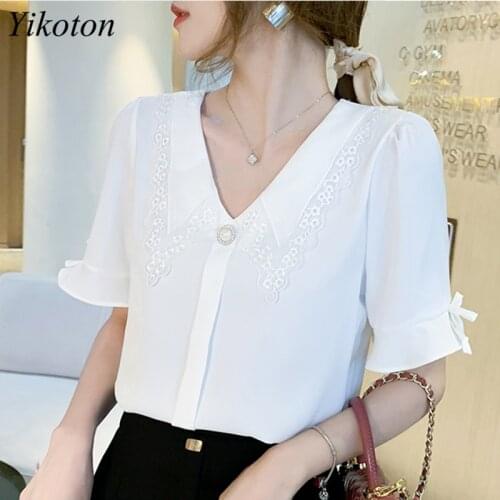 Yikoton Summer Casual New 2021 Women Blouse Chiffon White Shirt Fashion Peter pan Collar Button Ladies Plus Size Blue Blouses
