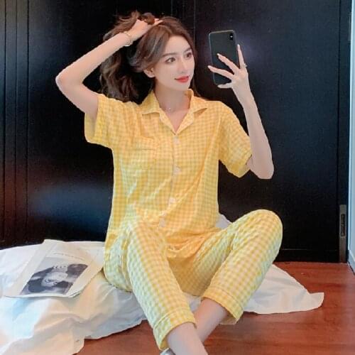 For Women 2021 Summer Short Sleeve Loose Pyjamas Young Womens Cotton Lapel Sleepwear Set Girls Plaid Home Clothes New Pajamas