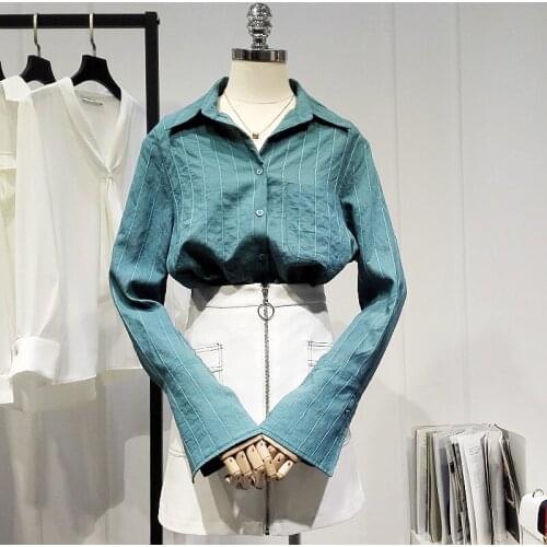 Blue Striped Women Shirts Summer New 2021 Turn-Down Flare Sleeved Loose Pocket Elegant Office Lady Outwear Blouse Tops