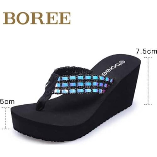 BOREE Women Flip Flops Summer Wedge Sandals Soft Comfortable Platform Shoes Ladies With Heel Outdoor Beach Slippers Bling Bling