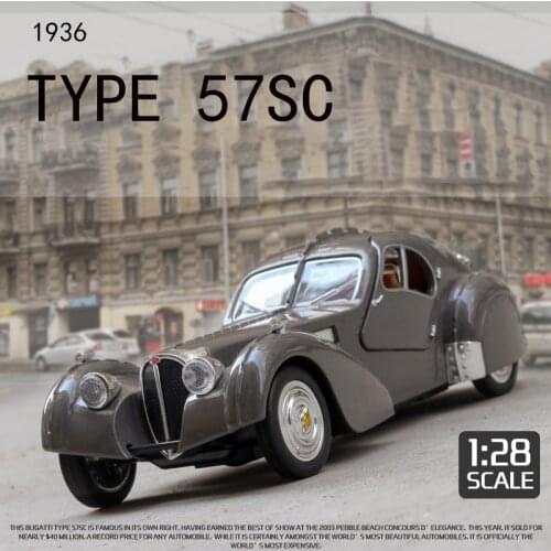 1:28 Diecast Metal Vintage Car Model Bugatti Type 57SC Atlantic Pull Back Toy With Sound & Light
