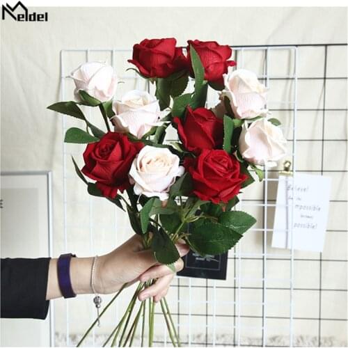 Meldel 1 Single Branch Long Rose Artificial Flowers DIY Silk Fake Flower Bouquet Flores for Party Home Garden Wedding Decoration