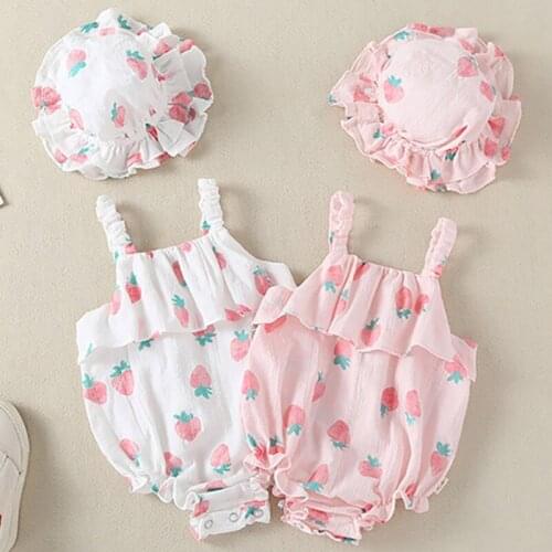2021 Infant Baby Girls Summer Sleeveless Sling Cotton Print Cute One-Pieces Jumpsuit Romper Sling Cotton Romper+Hat