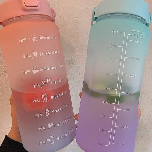 2L Large Capacity Water Bottle With Bounce Cover Time Scale Reminder Frosted Leakproof Cup For Outdoor Sports Fitness