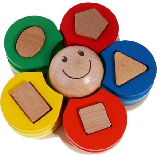 Wooden Blocks for Kids Babies Toddlers, Geometric Blocks Chunky Puzzle, Color Shape Sorter Toy
