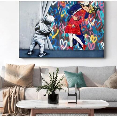 Kids Lover Behind The Curtain Graffiti Art Paintings on the Wall Art Posters and Prints Modern Street Art Pictures Home Decor