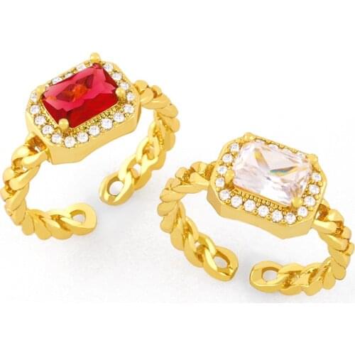FLOLA Gold Curb Link Chain White Stone Open Cuff Rings For Women Cubic Zirconia Finger Ring Adjustable Wholesale Jewelry rigk72