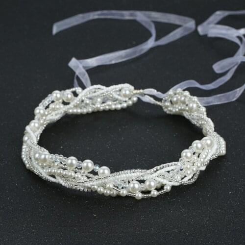 Handmade Bridal Headpieces Wedding Headband with Ribbon Pearl Woven Hair Accessories for Wedding Party Bridal Head Jewelry