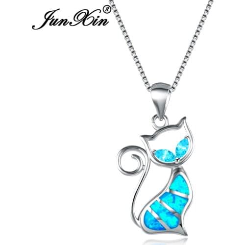 JUNXIN 2017 New Brand Design Women Cat Necklace Blue Fire Opal Necklaces & Pendants Fashion Silver Color Animal Jewelry