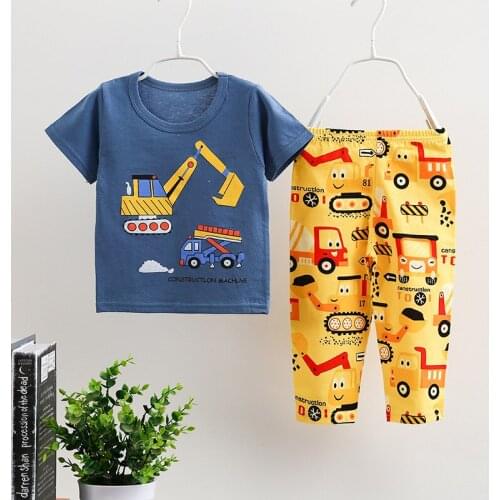 Childrens Homewear 2Pcs Set Boy Girl Kids Short-Sleeved T-shirt and Pants Cotton Pajamas Sleepwear Set