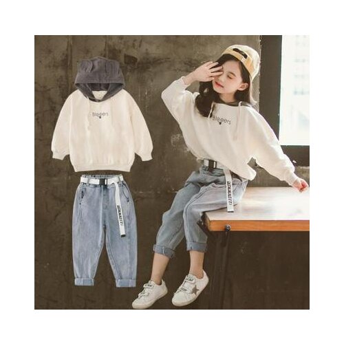 Girls Autumn Clothing Set Childrens Hooded Sweater Suit Spring Kids Hoodies Sweatshirt + Casual Jeans Pants 2 Pcs Twinset P156