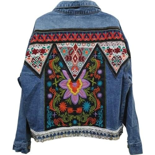 Jacket Womens Spring Boho Denim for Women Floral Appliques Embroidery Vintage Coat Long Sleeve Outerwear Female Jacket Coatee