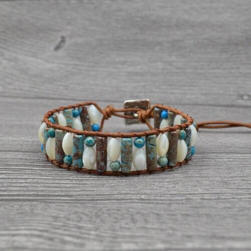 Natural Stone Genuine Leather Wrap Bracelets for Women Girls Shell Emperor Stone Boho Bracelet Ethnic Jewelry Gifts Dropshipping