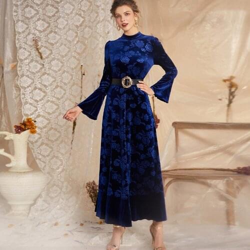 FridayIn New Autumn Womens Stand-up Collar Long-sleeved Belt Ruffle Clothing Temperament Printing British Elegant Long Dress