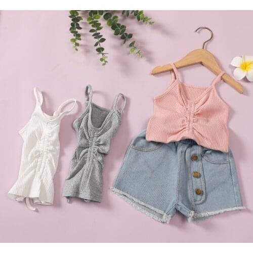1-6Y Children Kids Girls Clothes Set Summer Girl Solid Ribbed Sling Tops+Denim Shorts 2pcs Girl Outfits Toddler Girl Clothing