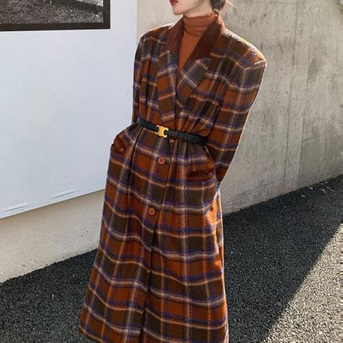 Plaid Woolen Coat Women Single Breasted Loose Vintage Long Belted Trench Overcoat Winter Elegant Korean Windbreaker