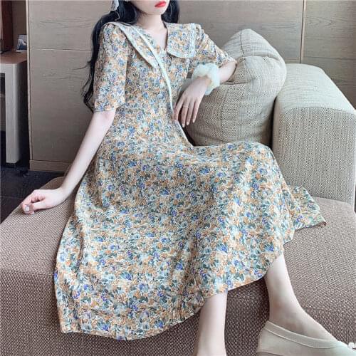 Large Size Plump Girls French Gentle Floral Dress Womens Summer Super Fairy Sweet Doll Collar Long Temperament Tea Dress
