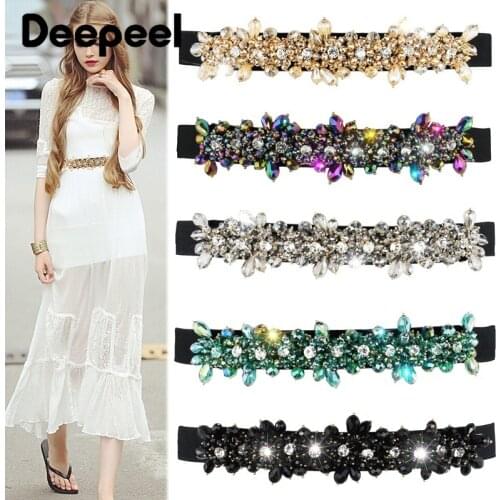 Deepeel 1pc 2.5*65-93cm Women Colorful Stones Buckle Belt Elastic Wide Female Fashion Corset Decorative Cummerbunds for Dress