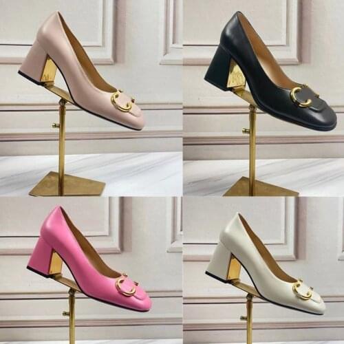 2021Spring Fashion luxury Women Girls heels pump flat Genuine Leather Womens Dress Shoes for Wedding Party Casual Mid heel 34-42