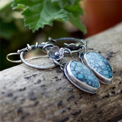 Vintage Plant Leaf Rose Flower Earrings Boho Ethnic Antique Silver Color Blossom Round Stone Earring Women New