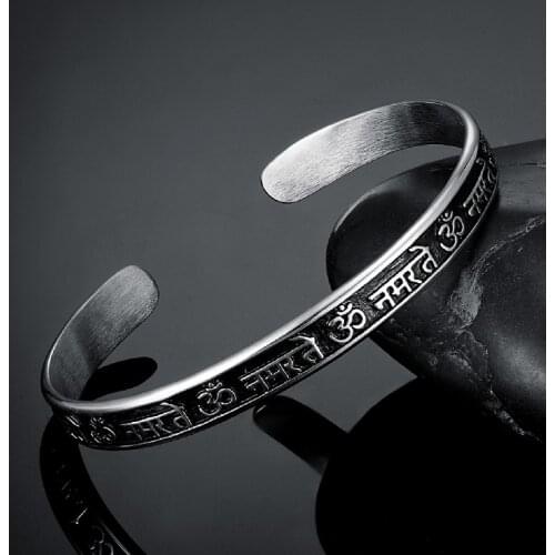 Vintage Six Word Mantras Amulet Cuff Bangles Men Tibetan Buddhist Stainless Steel Bracelets Women Lucky Jewelry Gifts Wholesale