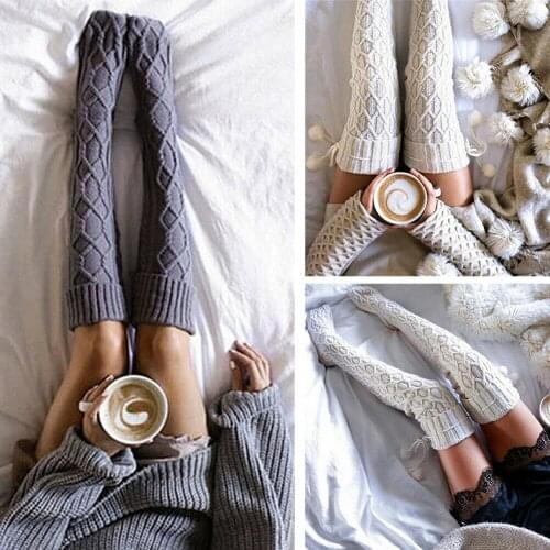 Women Soft solid casual hot sale Winter Cable Knit Over knee Long Boot Warm Thigh High Fashion Elastic Sexy Stockings