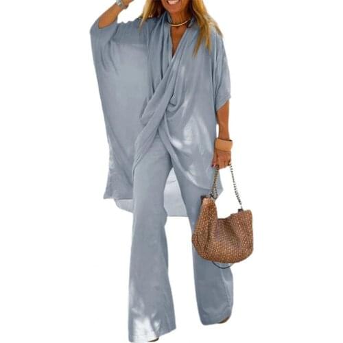 1 Set Women Casual Pants 2021 Outfit Bat Sleeve Wide Leg Spring Autumn Irregular Cross Solid Color Top Pants for Daily Wear