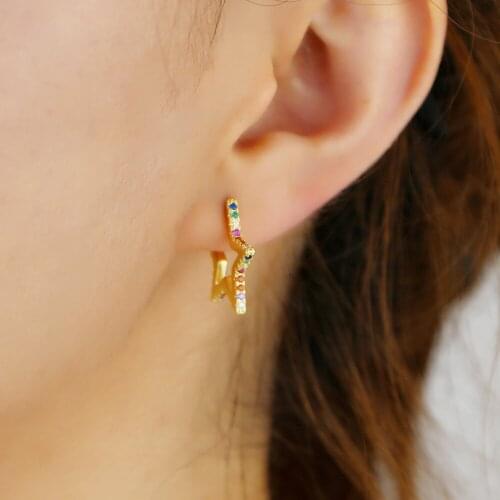 Gold color colorful rainbow cz paved hollow Star shaped stud earring 925 sterling silver women Geometric fashion classic jewelry