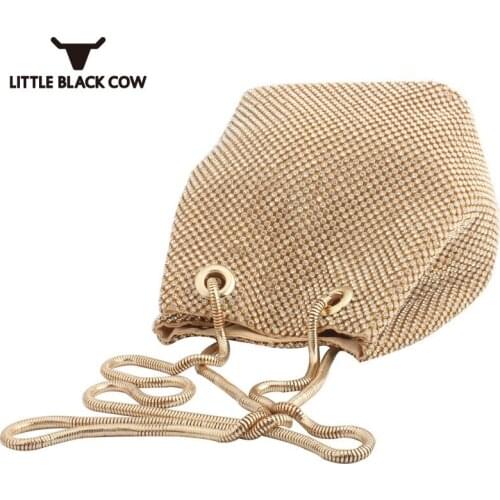 Womens Bling Party Fashion Bling Crystal Beading Bucket Bags Diamonds Pouch Evening Handbag Chain Single Shoulder Crossbody Bags