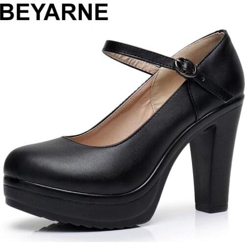 BEYARNEGenuine Leather shoes Women Round Toe Pumps Sapato feminino High Heels Fashion Black Work Shoe Plus Size 33-43