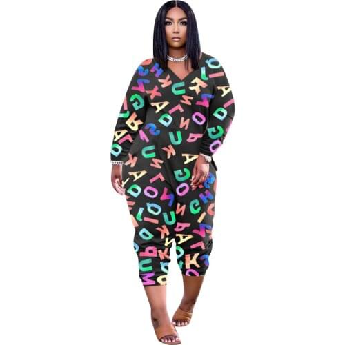 Plus size Letter print long jumpsuit v-neck trendy rompers autumn clothes women streetwear wholesale drop shipping