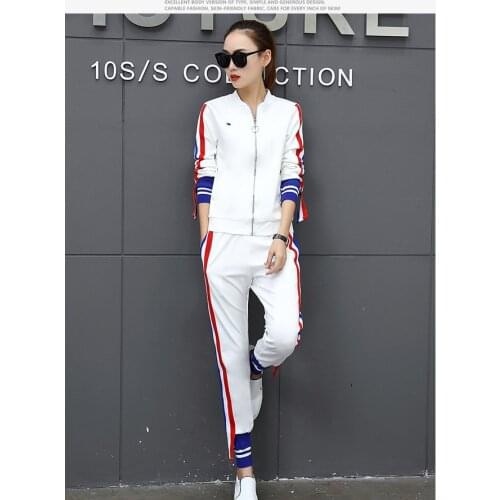 S-2XL Size Spring Women Sportswear suits White long sleeve Striped Cotton Casual Tracksuits Popular Fashion Womens Sporting Suit