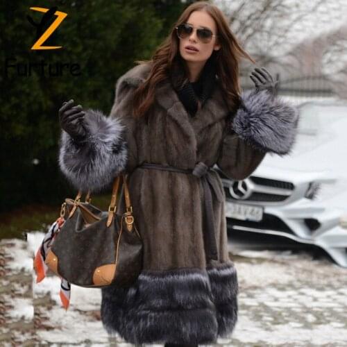 Women Soft Warm Real Mink Fur Hooded Coat With Full Silver Fox Pelt Cuffs Hem Winter Slim Sashes Design Thick Mink Fur Outerwear