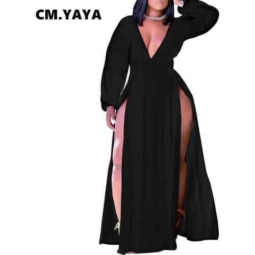 CM.YAYA Women Plus Size Dress Solid Cleavage Splited Maxi Long Dresses Female Fashion Sexy Night Club Vestidos Autumn Outfits